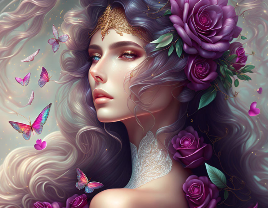 Fantastical Woman with Flowing Hair, Roses, and Butterflies