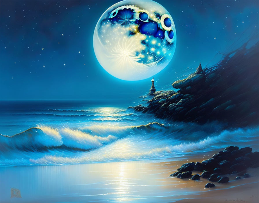 Detailed surreal landscape: large moon over tranquil beach with glowing waves and pine-covered cliff