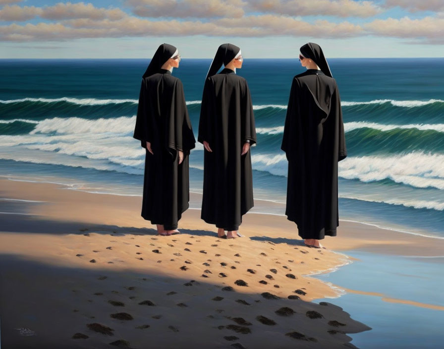 Three nuns in traditional habits on beach with footsteps.