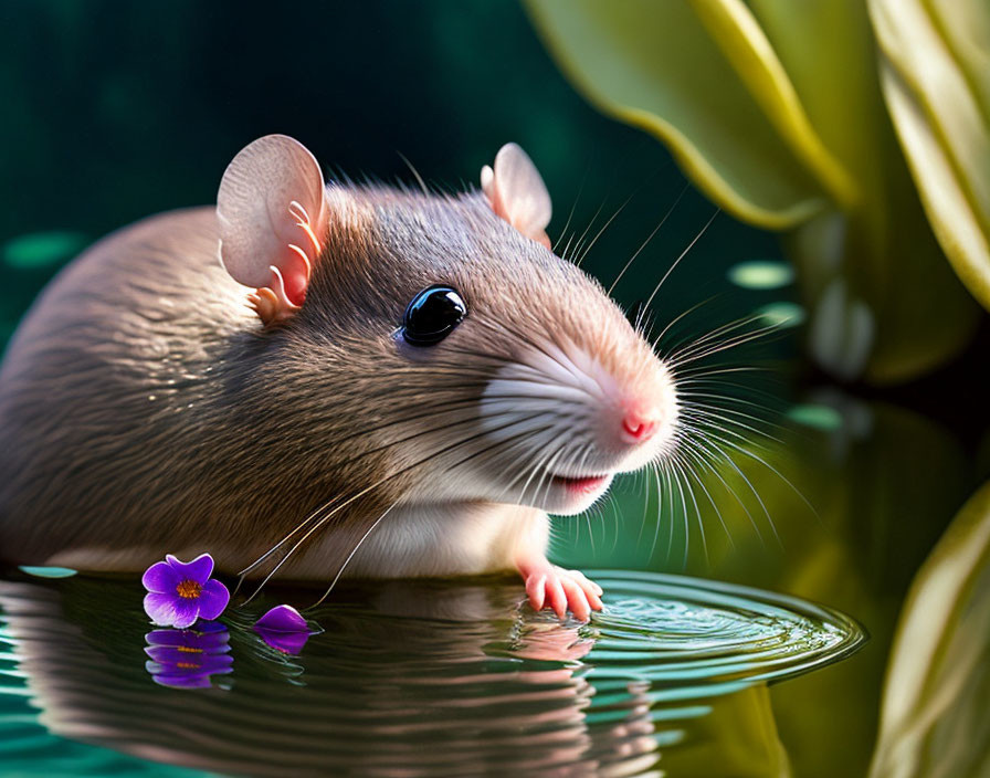 Brown Rat by Water with Purple Flowers and Green Leafy Background