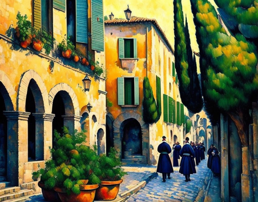 Colorful painting of charming street scene with green buildings, trees, and figures walking.