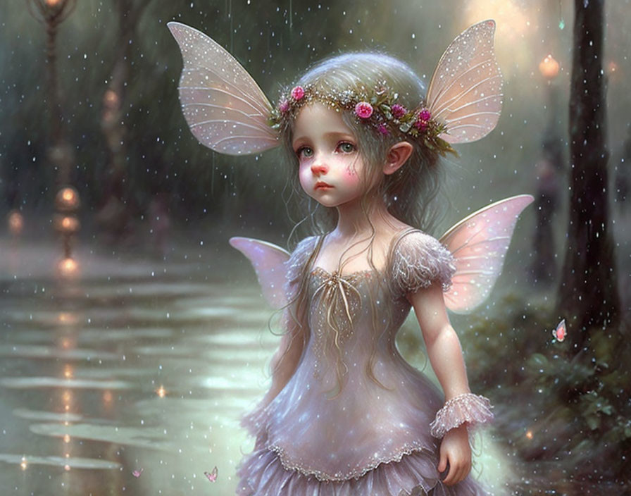 Young fairy with floral headpiece in magical forest glade