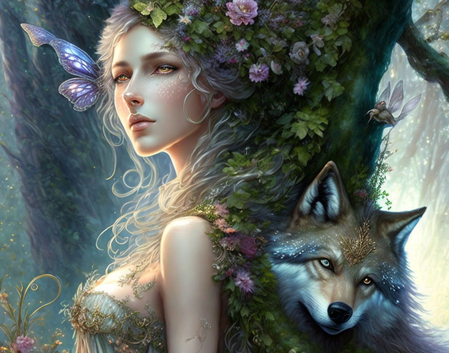 Mystical forest scene with ethereal woman, butterfly wing, and wolf