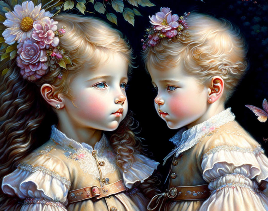 Illustrated children in Victorian attire with flowers, sharing intimate gaze in soft light with butterfly.