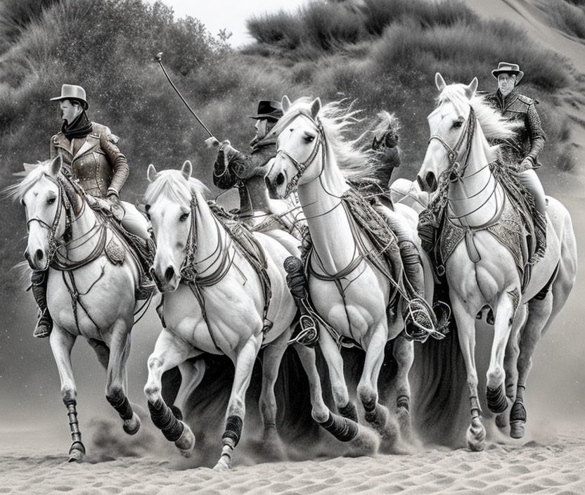 Four Horse Riders Galloping on Sandy Terrain