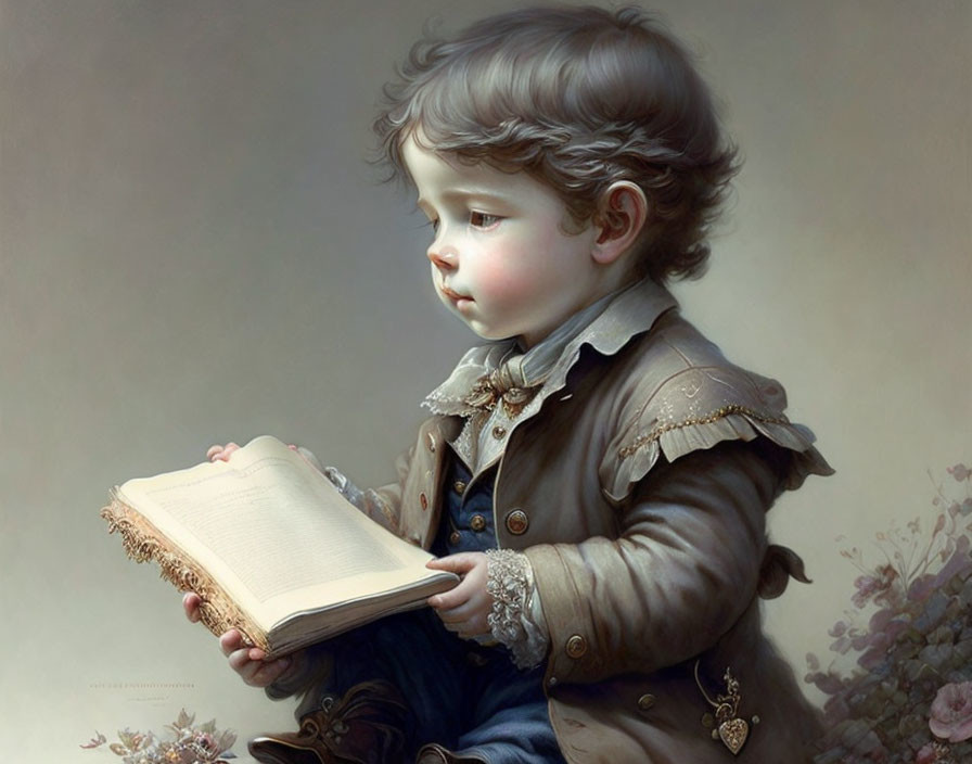 Curly-Haired Child Reading Book in Vintage Jacket with Soft Lighting