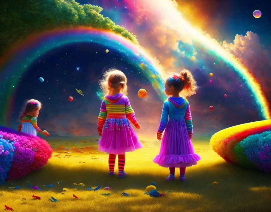 Three children admire a vibrant rainbow in a fantastical landscape