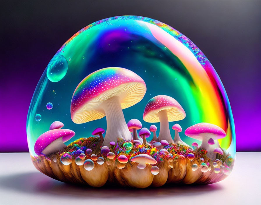 Colorful digital artwork: Psychedelic mushrooms under neon-lit canopy