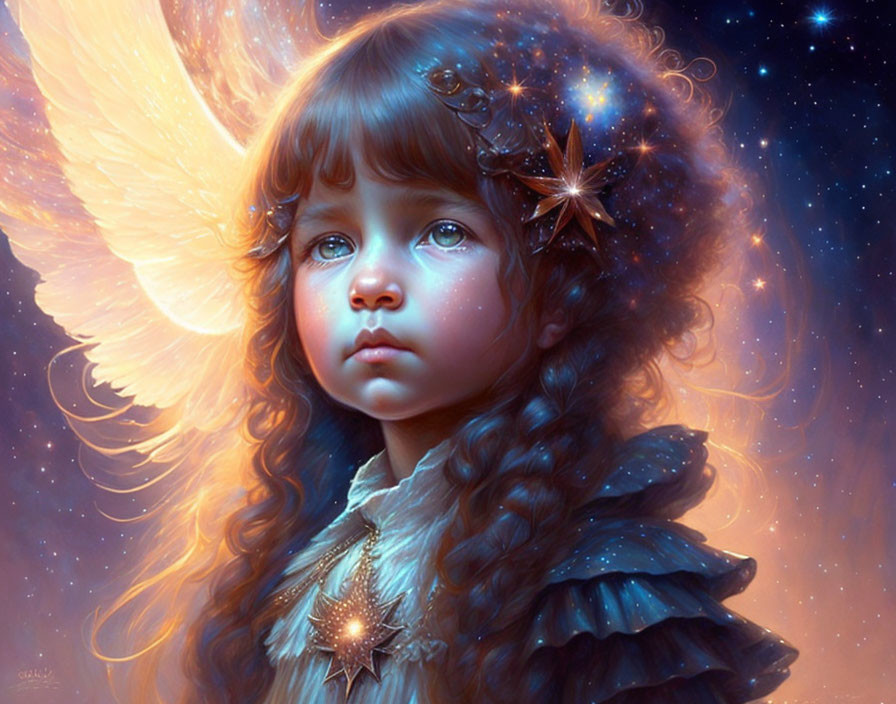 Young girl with angelic wings and celestial glow in digital artwork