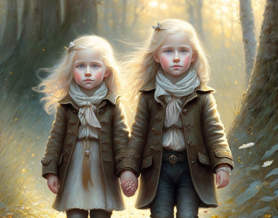 Blonde-Haired Children in Brown Coats Hold Hands in Autumn Forest