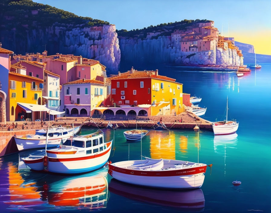 Vibrant Mediterranean village with boats, colorful houses, and cliffs by the sea