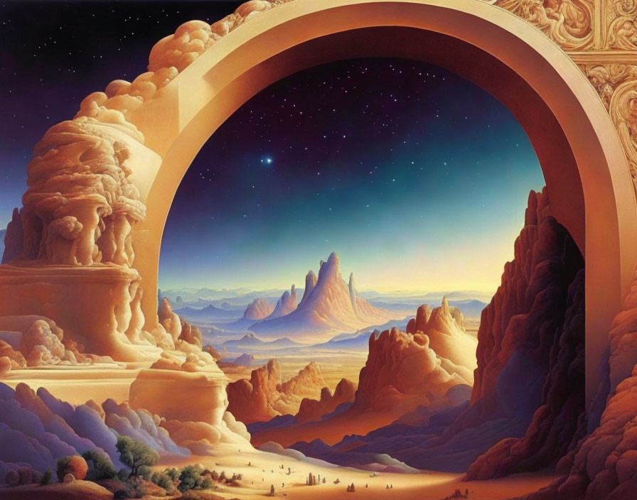 Surreal desert landscape with towering arch at dusk