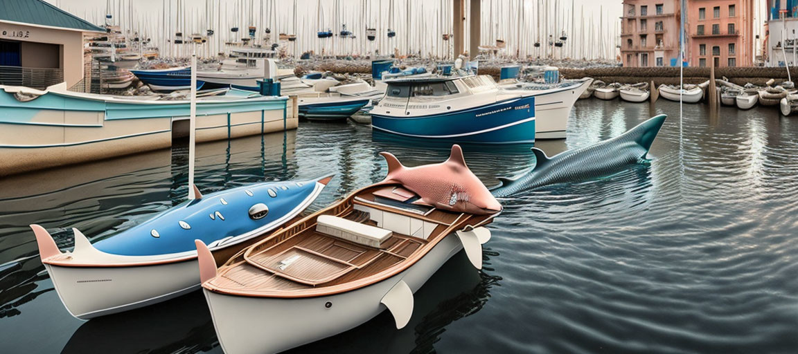 Shark-inspired boats at marina with sailboats and buildings under cloudy sky