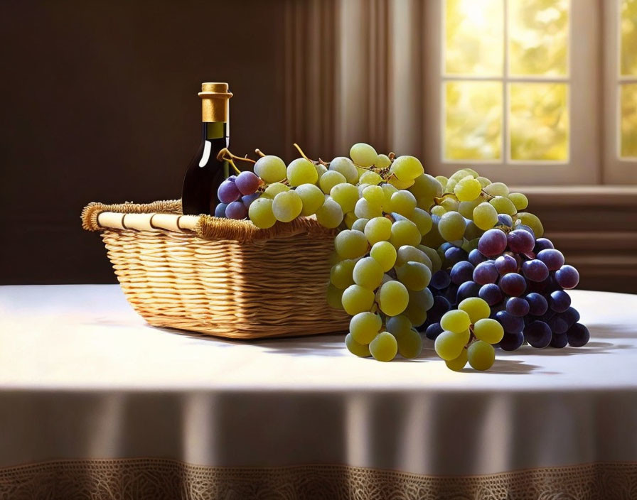 Wicker basket with grapes and bottle on table in sunlight