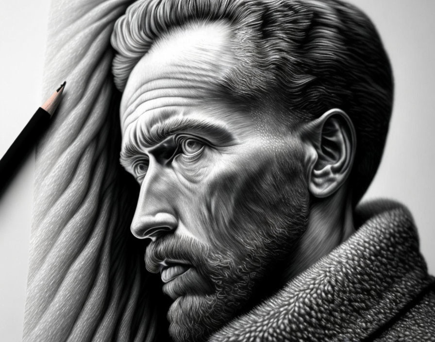 Hyper-realistic Pencil Drawing of Intense Bearded Man