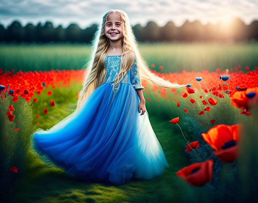 Young girl in blue dress amidst vibrant poppy field at sunset