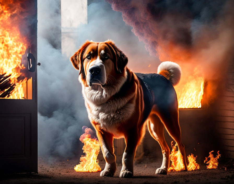 Attentive dog in front of burning building with smoke and flames