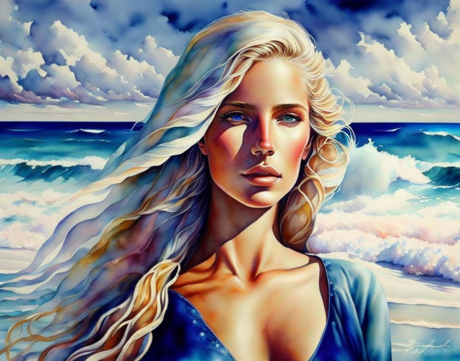 Blonde woman with blue eyes in seascape setting