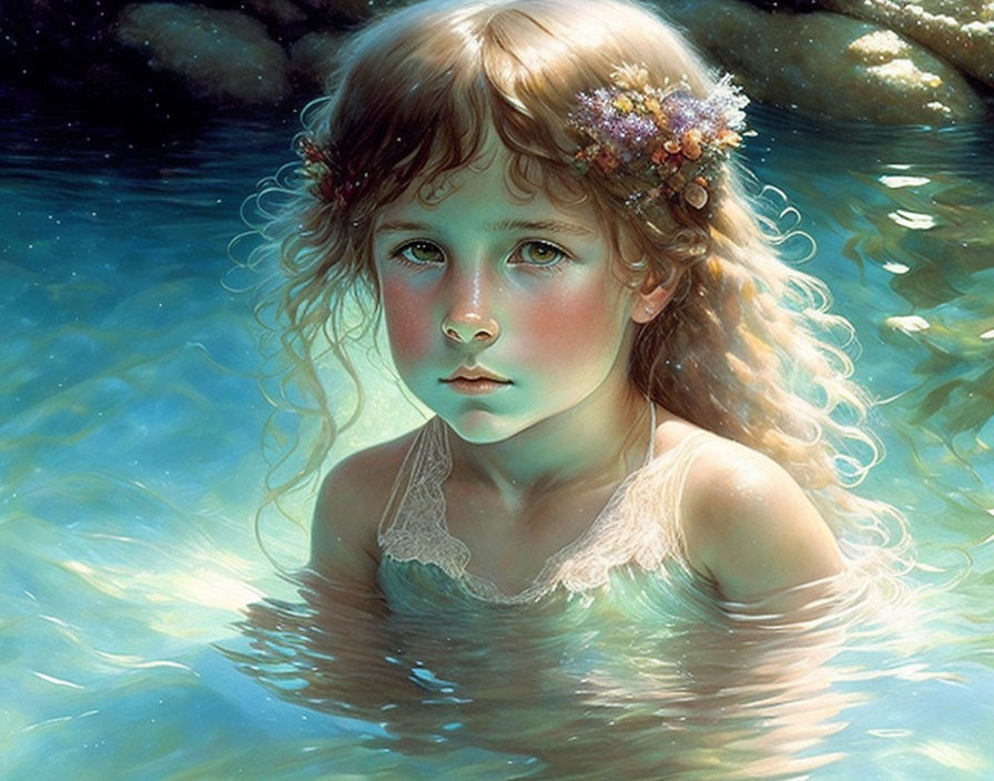 Realistic painting of young girl with floral wreath in blue water