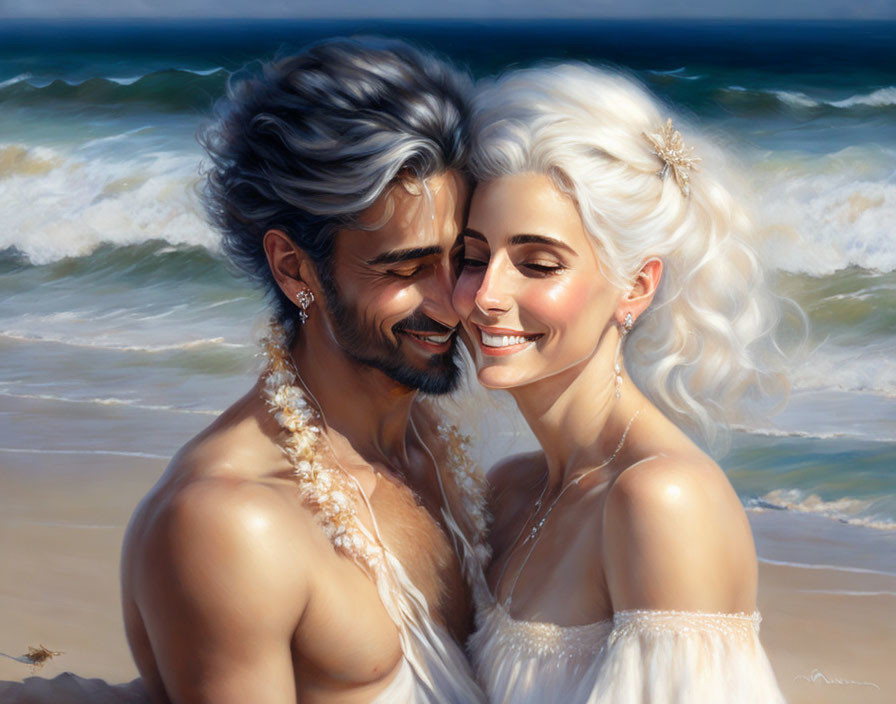 Smiling couple in wedding attire embracing on beach