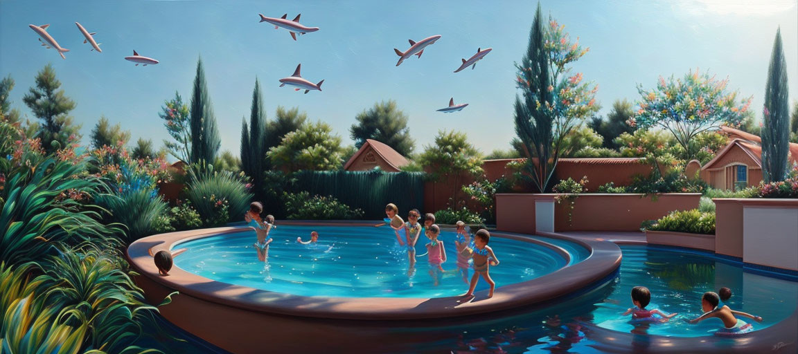 Kids playing in backyard pool with greenery and birds in clear sky