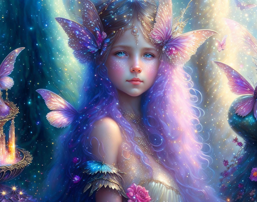 Fantasy illustration of young girl with butterfly wings and violet hair among flowers and butterflies.