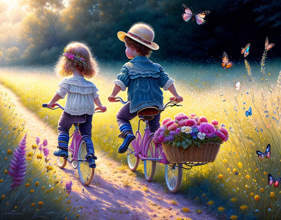 Children riding bicycles on sunlit path with flowers and butterflies.