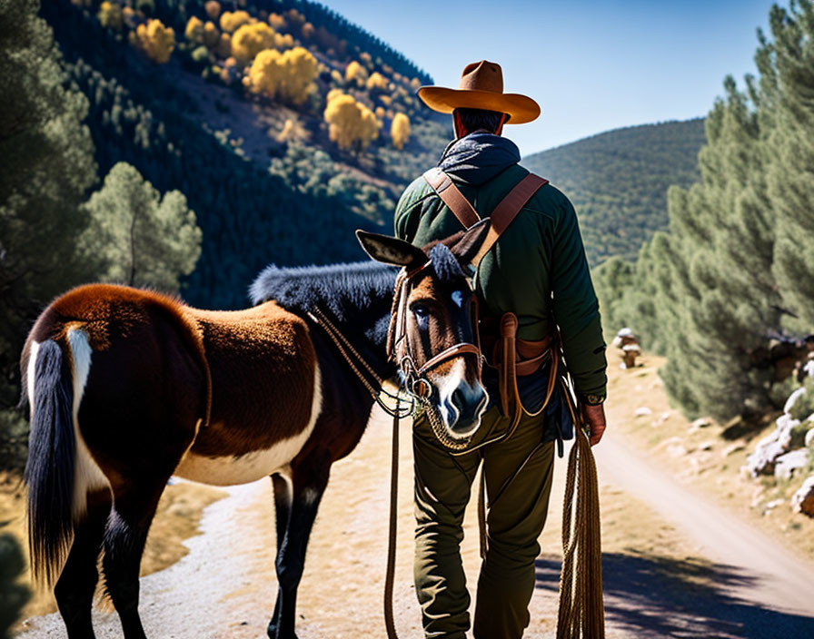 Cowboy hat person with horse on autumn path.