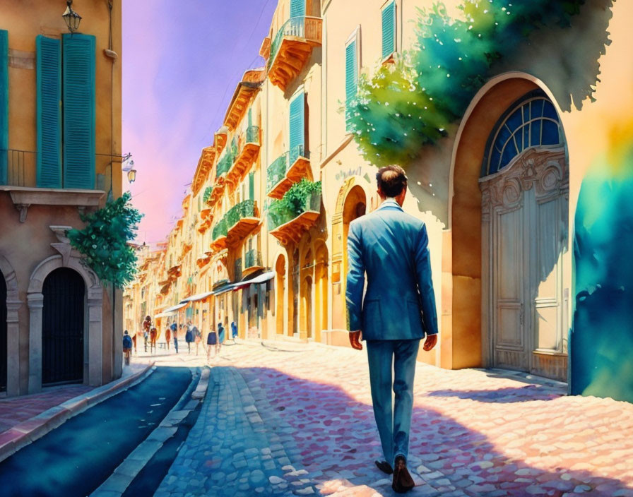 Man in Blue Suit Strolling European Street with Colorful Buildings