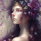 Fantastical Woman with Flowing Hair, Roses, and Butterflies