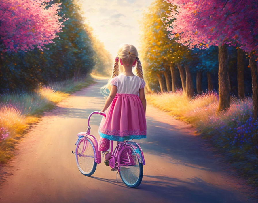 Young girl in pink dress and bicycle on vibrant tree-lined path