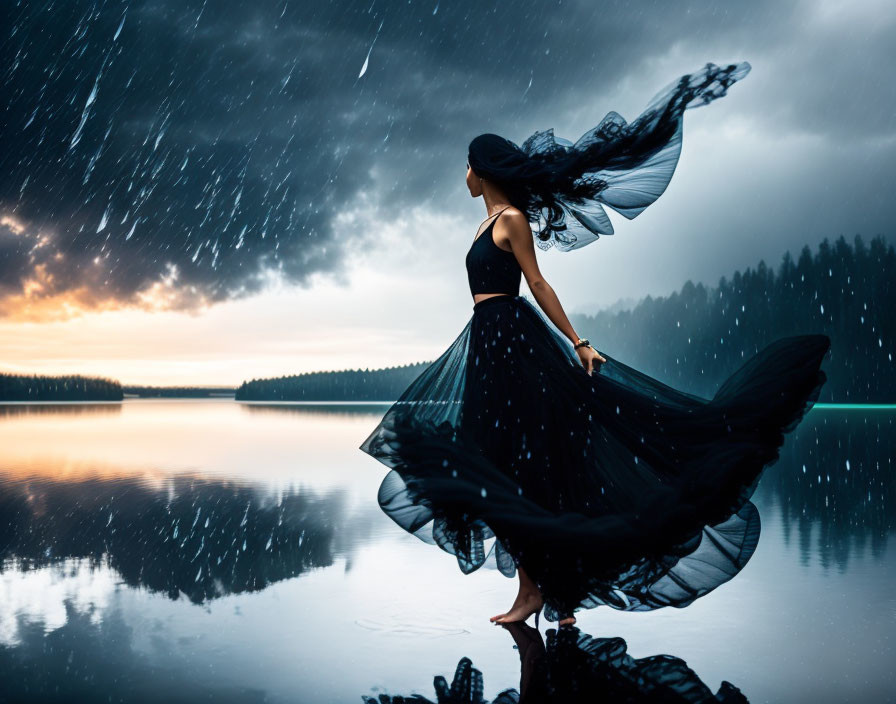 Woman in flowing black dress by serene lake under starry sky with snowflakes.