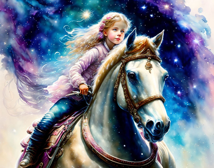 Blonde girl on white horse in cosmic starry scene