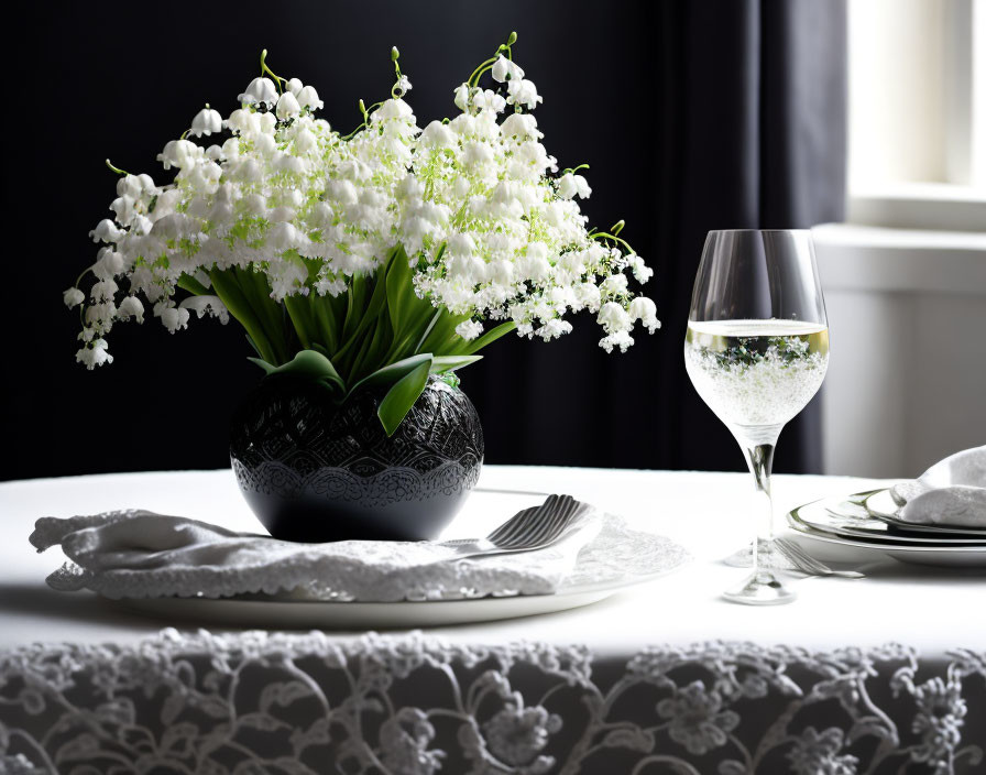 Sophisticated dining table with white lilies, black vase, glass of water, silverware,