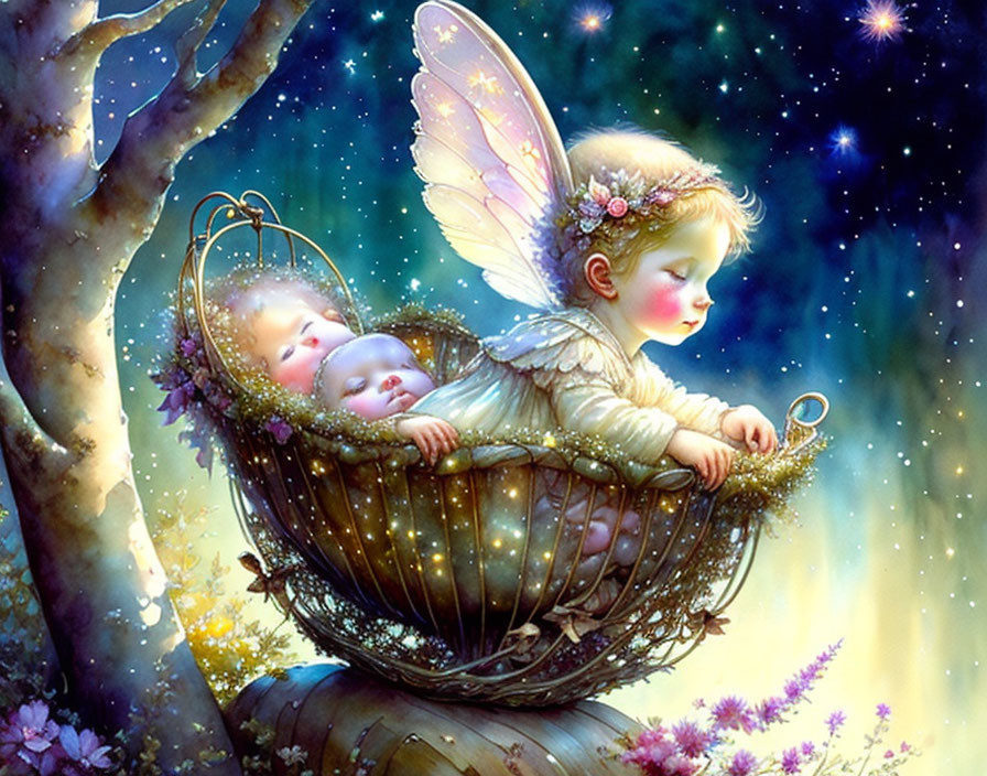 Children with fairy wings sleeping in nest under starry night & cherry blossoms