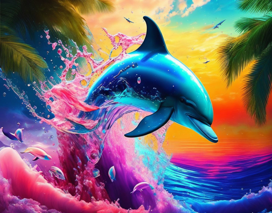 Colorful digital artwork: leaping dolphin in pink and blue ocean scene