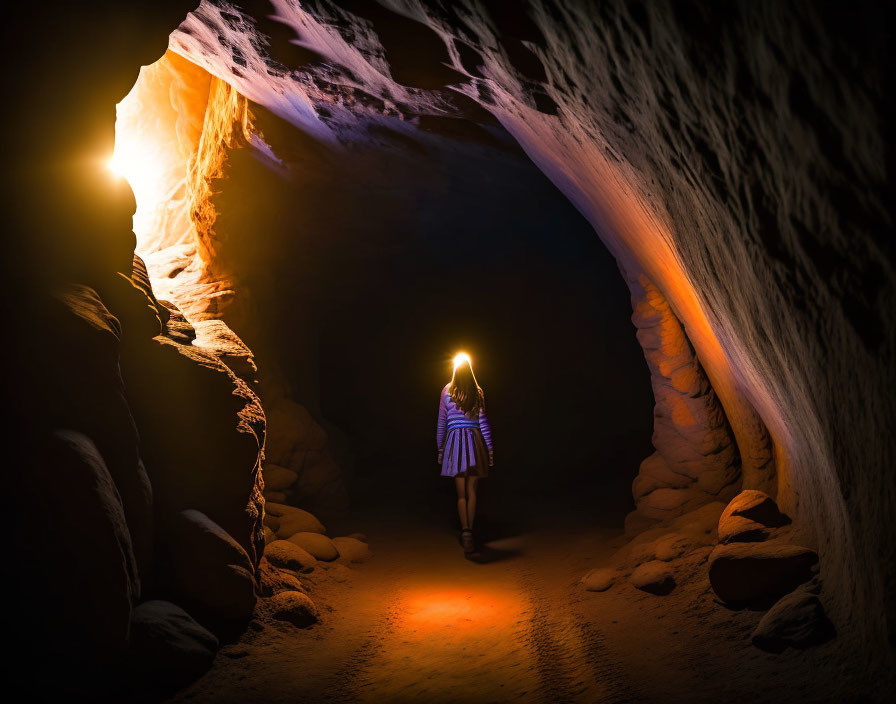 Child in Striped Dress Standing in Dimly Lit Cave