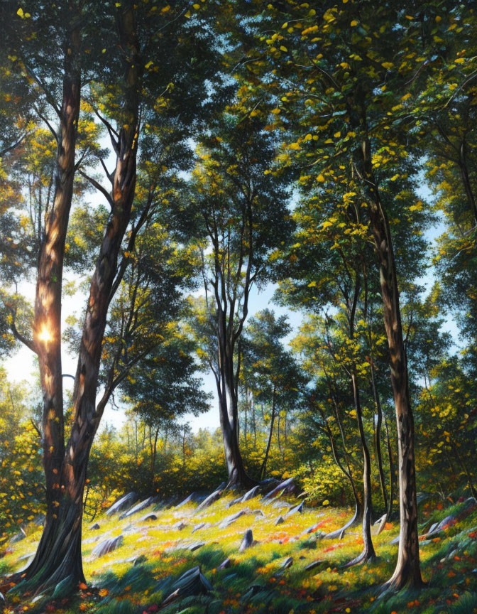 Sunlit forest with tall trees and green foliage.