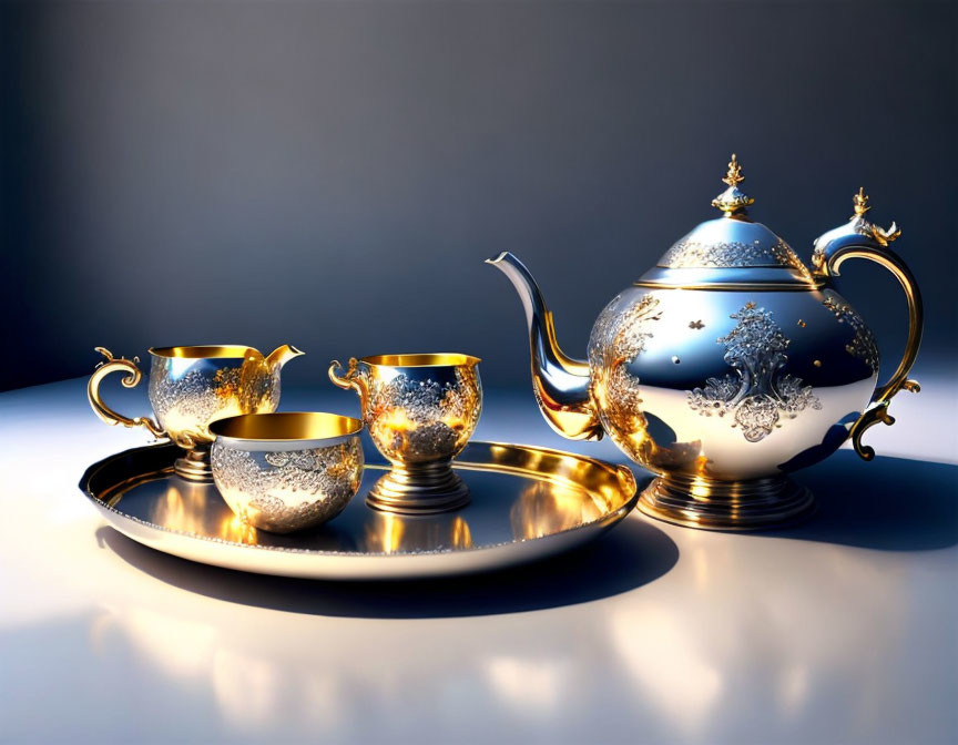 Gold and Blue Porcelain Teapot Set with Matching Cups on Tray