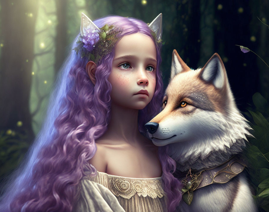 Fantasy digital art of girl with purple hair and elf ears beside realistic wolf in mystical forest.