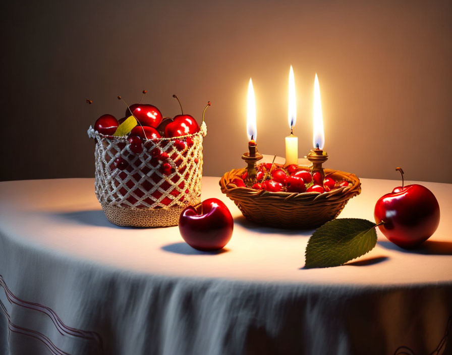 Glossy red cherries, wicker dish, and lit candles on table