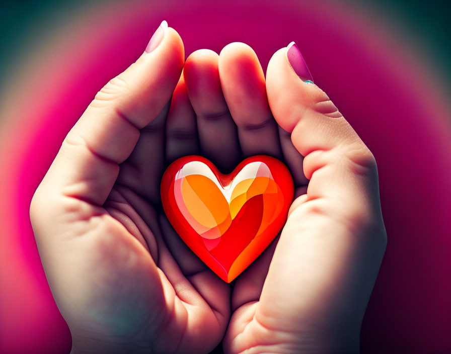 Illustrated heart held by two hands on magenta backdrop