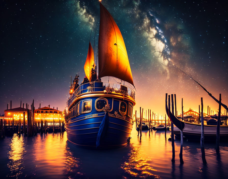 Colorful boat with glowing sail on calm water at night with starry sky and wooden dock.