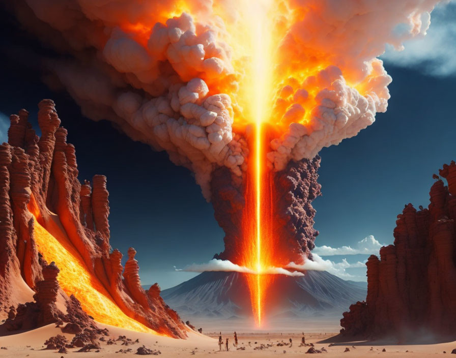 Massive volcanic eruption with vibrant lava and towering ash plume in desert landscape