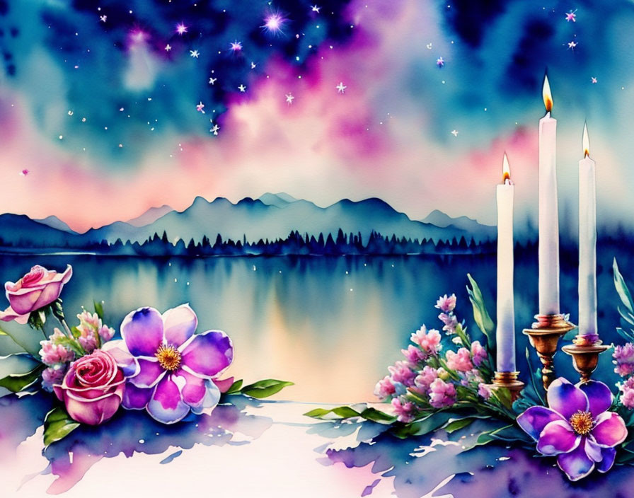 Tranquil watercolor scene with candles, roses, lake, mountains, and starry sky