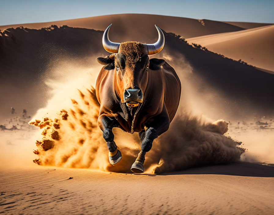 Powerful Bull Charging Through Desert Landscape