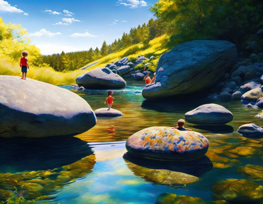 Tranquil landscape: children playing in river amid lush greenery