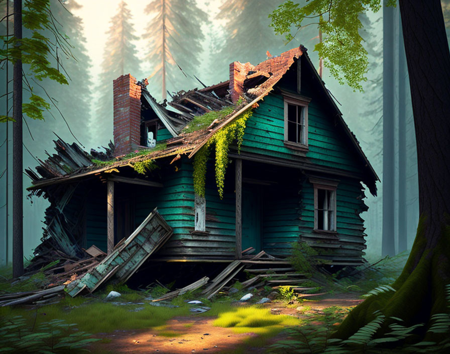 Dilapidated two-story wooden house in sunlit forest clearing