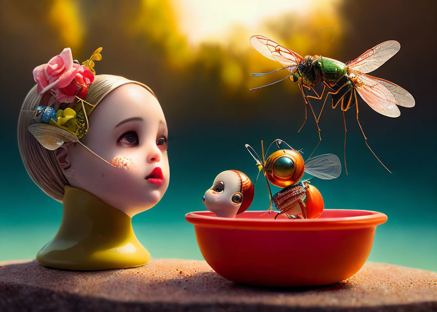 Surreal doll figure with flowers, smaller doll, and robotic bee in intricate scene