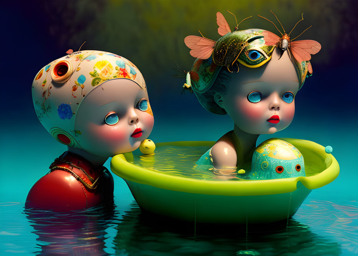 Whimsical dolls with decorative headpieces in small green tub on water